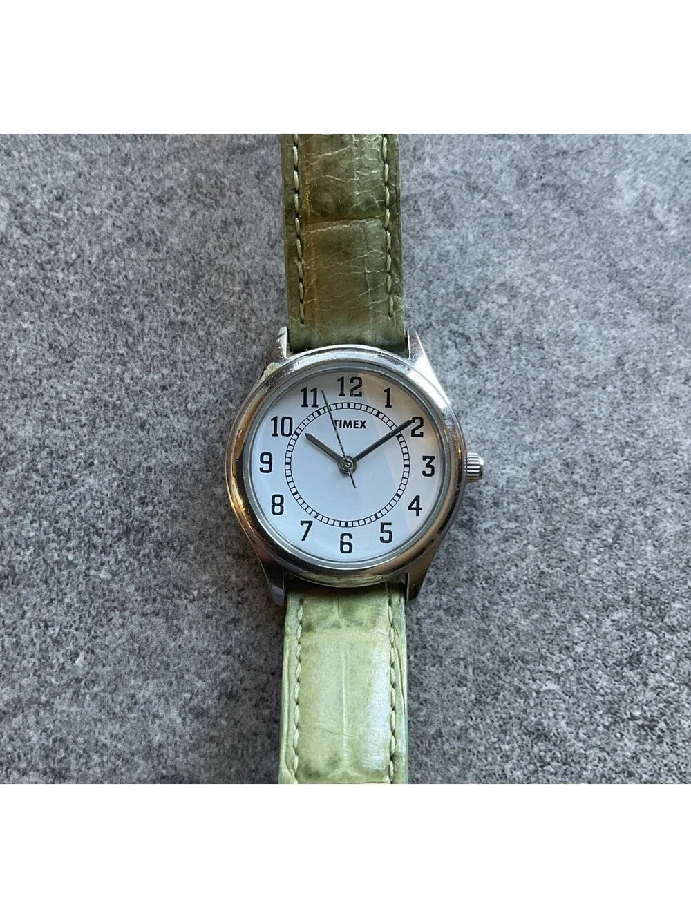 Timex Women’s Watch Silver Tone With White Dial And Light Green Leather Band B-N